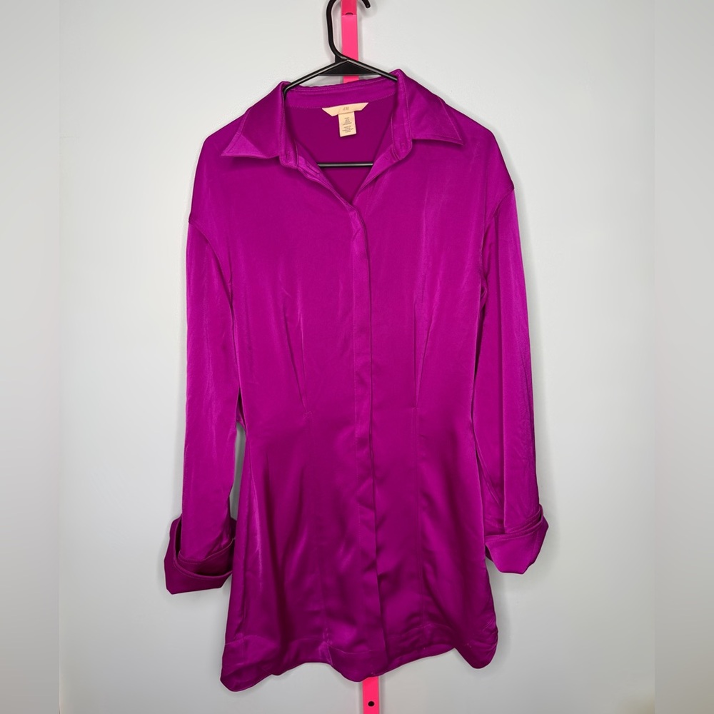 H&M Magenta Satin Effect Button Front Long Sleeve Shirt Dress Size Small